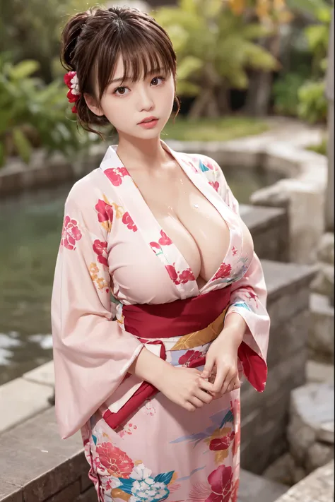  body、japanese woman、thin arms、very thin waist、thin waist、((very big breasts:1.3))、Sagging big、medium hair、ponytail、beautiful eyes、natural skin、ultra fine face、perfect five fingers,  Best ratio、hyper realistic、((Long-sleeved yukata)) , muste piece, super d...