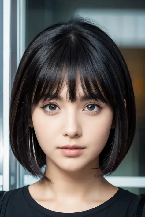 masterpiece high quality,close up of face, front , girl,Big eyes,,,, black short bob,
