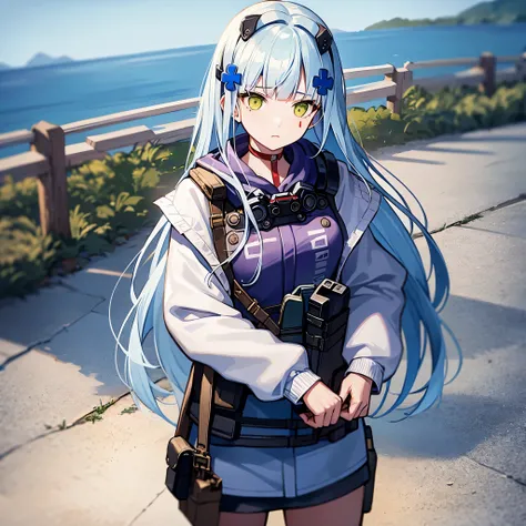 Masterpiece, solo, 1girl, HK416, outdoor, snowy, frozen lake, bulletproof vest, standing, cowboy shot, standing