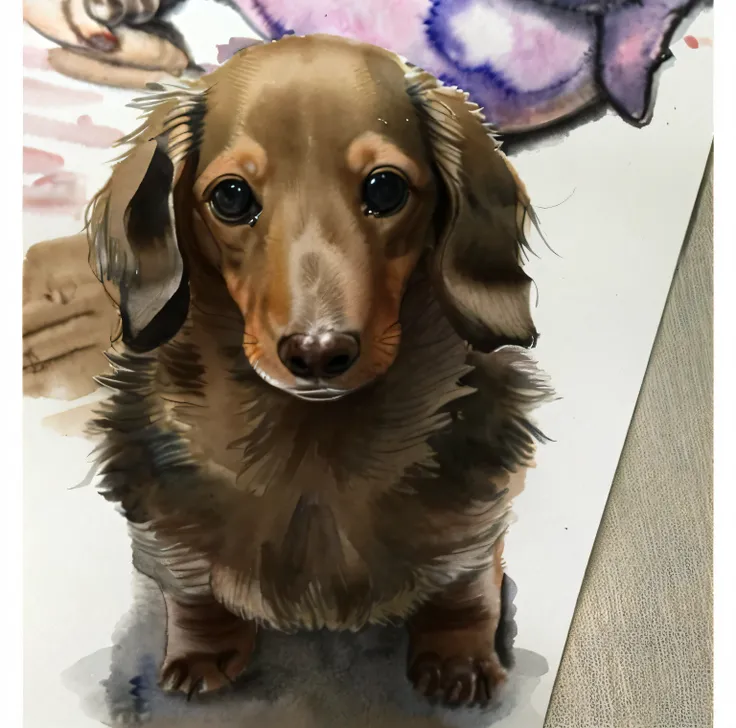 watercolor painting、cute、pink、miniature dachshund,Rough texture