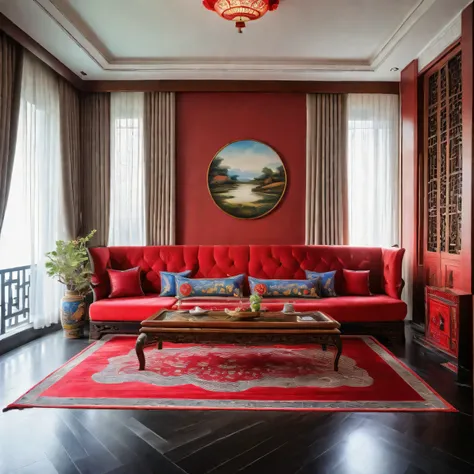 In this new Cindochina style living room，On one side of the wall hangs a traditional landscape painting，Creates an atmosphere of tranquility and elegance。The sofa uses exquisite embroidery craftsmanship combined with gorgeous red fabrics，It shows the uniqu...