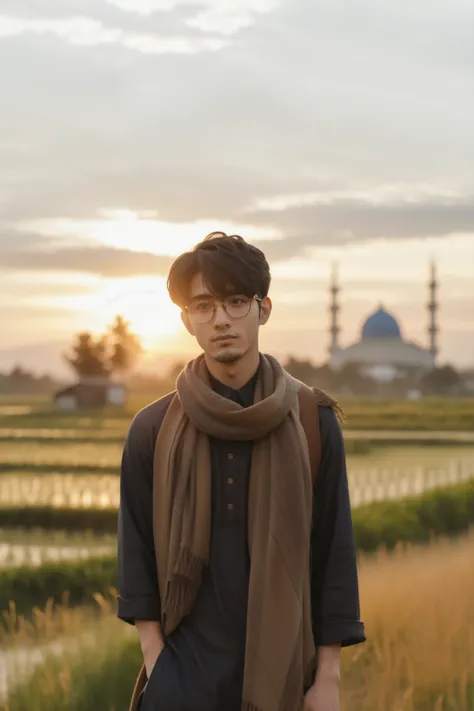 arafed man standing in a field with a scarf around his neck, with sunset, during golden hour, at sunrise, at golden hour, taken at golden hour, during sunrise, mid shot portrait, male ulzzang, during sunset, portrait shot 8 k, shot at golden hour, profile ...