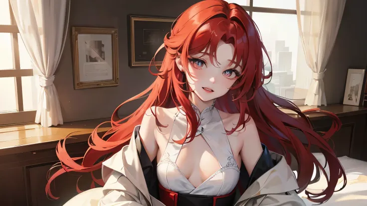 red long hair, sunshine, masterpiece work, best quality, high resolution;,Improved detail，best quality，Perfect image quality，beautiful and sexy, first person view, small spots under the eyes , pretty, 큰 chest, 8K, ,chest 크게, pure white skin, chest, a lovel...