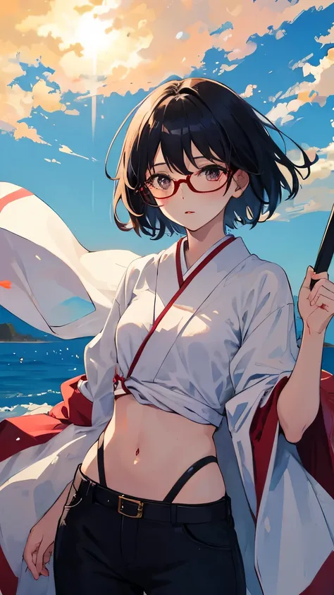 young girl　black hair　short hair　red eyes　irreverent face　look down　thin body　thin thighs　small breasts　small ass　toned body　blue sky　cloud　hair blowing in the wind　high quality　High resolution　8K sitting　slit　navel　vampire　Japanese style　watercolor　glasse...