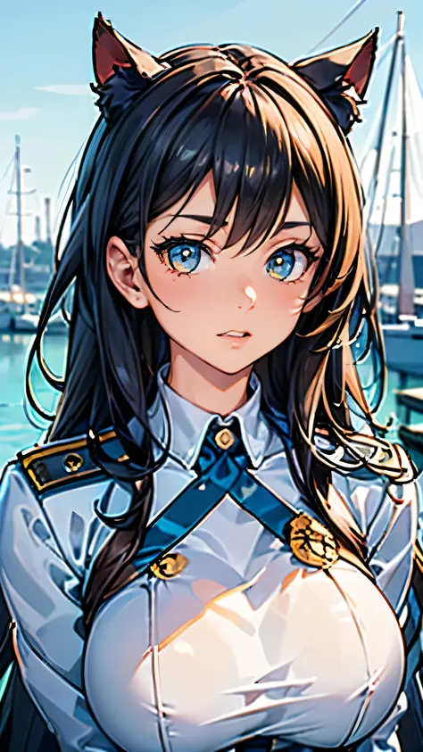 (masterpiece, best quality, RAW photo, intricate details) portrait, headshot, 1girl / Atago / medium dark hair, amber eyes, cat ears, huge breasts:1.6, ((wearing white admirals uniform)), bokeh, harbour background, blue sky, Azur lane, admiralty, service m...