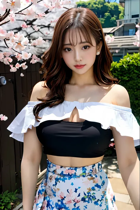 One female、realistic、Asian、beautiful、whole body、long brown hair、wavy hair、White off-the-shoulder T-shirt、black mini skirt、big breasts、valley、I&#39;m holding my chest close to my chest、garden、pool、cherry blossoms、Seductive style、masterpiece、ultra high resol...