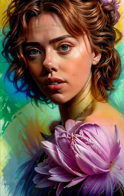 scarlett johansson in a botanical masterpiece in the style of marco mazzoni, detailed, hyper-realistic, front view, elemets of s...