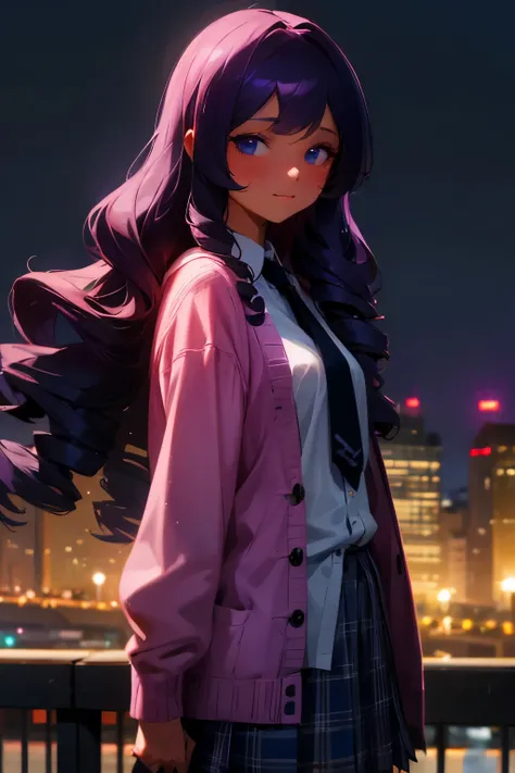 A young woman with long wavy violet hair, drill curls, side bangs, dark blue eyes, light tanned skin, wearing a white blouse, black necktie, blue plaid skirt, pink cardigan, not smiling, city background, morning