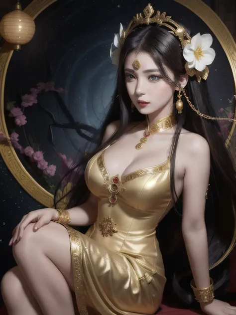 1 goddess of the zodiac from the future, wear the ao dai of the goddess of the zodiac to cover her chest, the goddess of the zodiac wears a bright yellow gold bodice, the goddess radiates a bright pink purple zodiac aura, the stars have the shape of the 12...