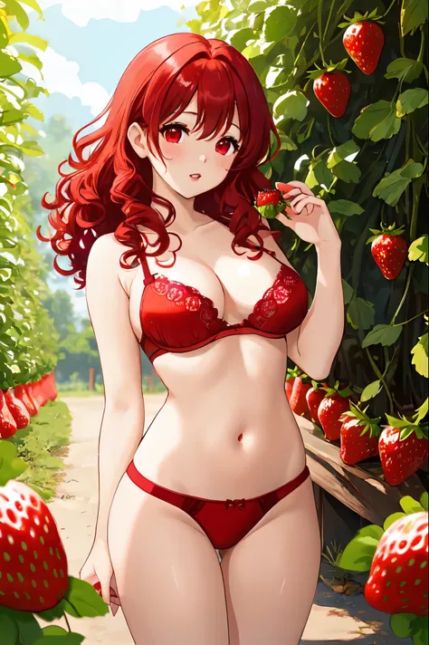 One female、red hair、curly hair、red eyes、well-groomed face、dense lips、red underwear、valley、He leans forward and presses his chest together.、holding strawberries in your hands、Strawberry plantation、Lots of strawberries around、masterpiece、ultra high resolutio...