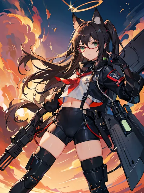 (masterpiece, best quality, pretty girl, beautiful face, 8k, absurdres:1.2, anime, Blue Archiv),  Fox Girl, Fox ears, Fox Tail, dark brown hair, green eyes, red glasses, school uniform, light tactical gear, ump9, halo, small breast, shoulder length hair, m...