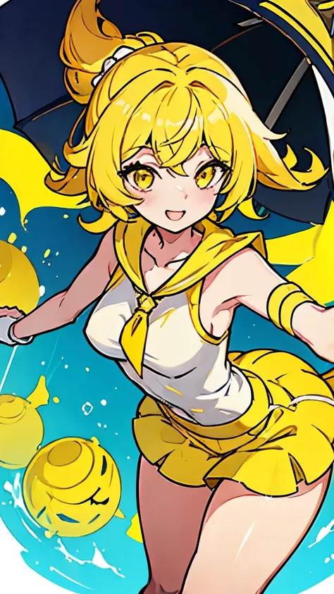 a girl with a yellow hat and a yellow umbrella, inspired by Yang J, senna from league of legends, kagamine rin, elegant yellow skin, character art of maple story, yellow and white, character adoptable, (((yellow))), smile, beautiful, sexy, medium breasts