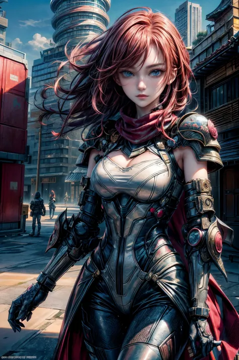 cinematic lighting、highest quality,cyberpunk world、1 female、(20 year old beautiful woman、Detailed beautiful face.medium bobの赤髪、shoulder length hair、blue eyes:1.4)(bright smile:1.3)、break,medium bob、（redhead:1.5）(touch hair:1.4)
break
 (Dark pink body-fitti...