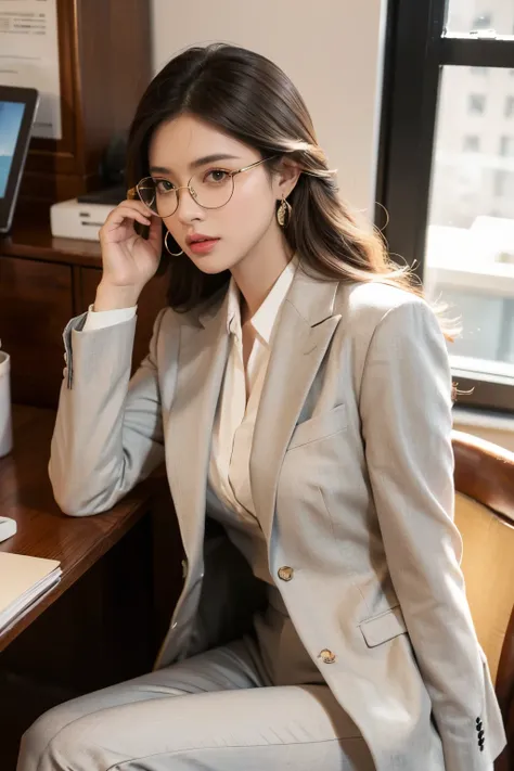 (super detailed, 8k, RAW photo, highest quality), High-definition RAW color photo, professional photos, (realistic, photo-realistic:1.37),Supermodel, 23 years old、 ((In a well-tailored suit)), With a pair of slim heels, Show elegance and confidence, office...