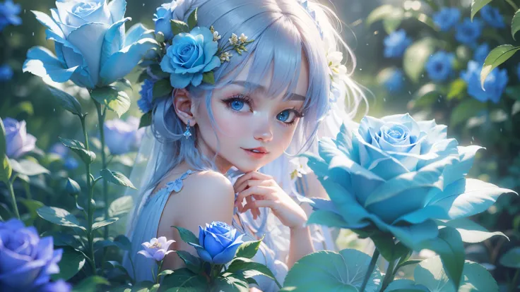 Magic garden miniature scene, delicate blue rose flower、A softly shining blue rose、Illuminated by happy smiling miniatures. 8K Autorealist,blue garden、girl water fairy