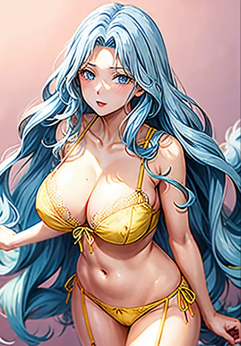 Anime woman with pale blue hair and yellow bra posing for the camera、solo、woman with long pale blue hair、blue eyed woman、wavy hair、seductive anime woman、clothing:yellow bra、yellow panties、tall woman、adult sex appeal、sexy atmosphere、yellow lingerie、big brea...