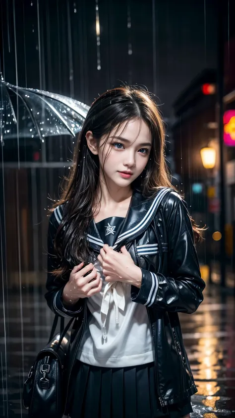 (RAW shooting, Photoreal:1.5, 8k, highest quality, masterpiece, ultra high resolution), perfect dynamic composition:1.2, street corner at night, look up at the sky:1.3, (((Typhoon heavy rain))), Highly detailed skin and facial textures:1.2, Slim high schoo...