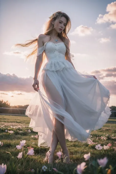 realistic photography, 8k ,a beautiful and magical elemental girl with long flowing hair., ethereal spiritual clothing, walking ...