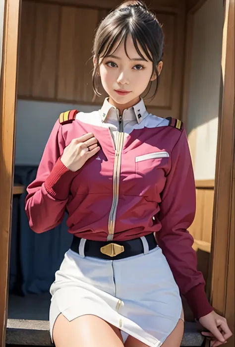 real photos、Highest imYear quality、Beautiful woman、beautiful thighs、beautiful face、real imYear、federal army uniform uper mini skirt、white panties、ponytail、Yuriko Yoshitaka、16Year日本人女性、Mrs. Bowe、pretty girl、white pantiesーが丸見え、1６Year、（white pantiesー:1.3）、sup...