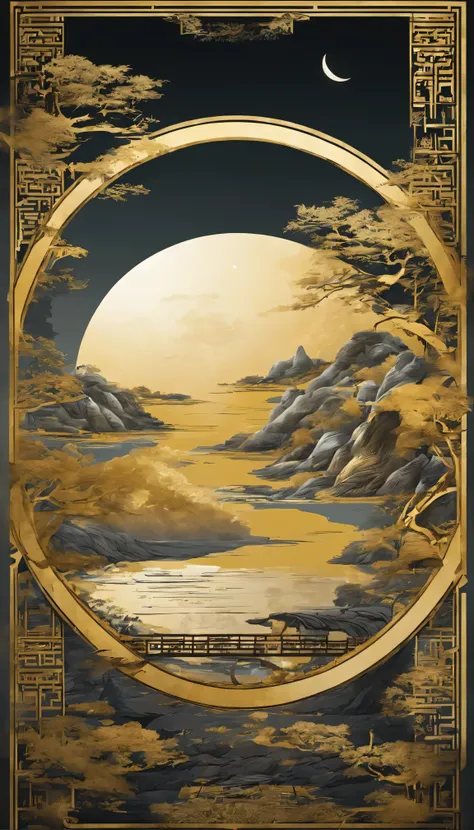 unmanned , Outdoor sports , night , Dream ,( dense teeth :1.4), full moon , Mountain , river , golden branch , Sky , golden decoration ,
( Minimalism :1.4), Chinese classical art , 黄长上Mountain , poster , Minimalism背景 ,3d, clean screen ,
 best quality , per...