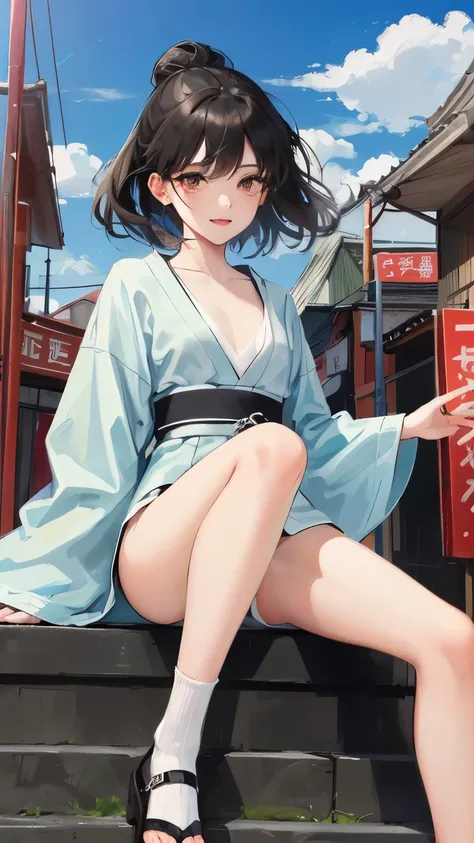 young girl　black hair　short hair　red eyes　irreverent face　look down　thin body　thin thighs　small breasts　small ass　toned body　blue sky　cloud　hair blowing in the wind　high quality　High resolution　8K sitting　vampire　watercolor　natural feel　Asakusa　frecklearti...