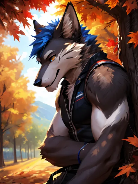 posted on e621, (by chunie), male, wolf anthro, solo, (realistic eye details 1.2), anime character, black clothes wear, white sh...