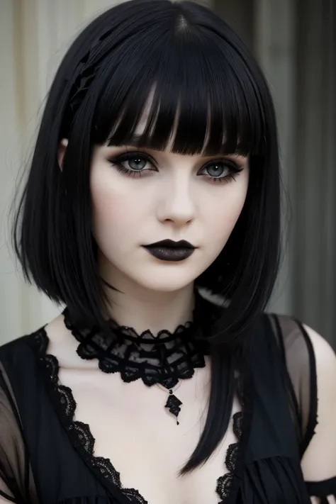 white woman, pretty woman, pretty face, delicate face, pale skin, black hair, gothic, gothic woman, pretty gothic woman, gothic makeup, short bangs, short bangs hair, gothic short bangs, long hair, long hair and short bangs, 18 years old, 18 years old woma...