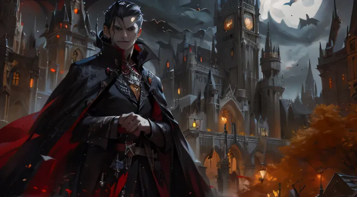 vampire in a gothic castle with a clock tower in the background, vampire lord, gothic fantasy art, male vampire, handsome male vampire, dark fantasy style art, dark fantasy concept art, vampires fantasy, vampire of clan lasombra, an ominous fantasy illustr...