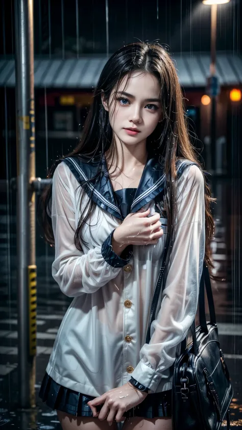 (RAW shooting, Photoreal:1.5, 8k, highest quality, masterpiece, ultra high resolution), perfect dynamic composition:1.2, street corner at night, look up at the sky:1.3, (((Typhoon heavy rain))), Highly detailed skin and facial textures:1.2, Slim high schoo...