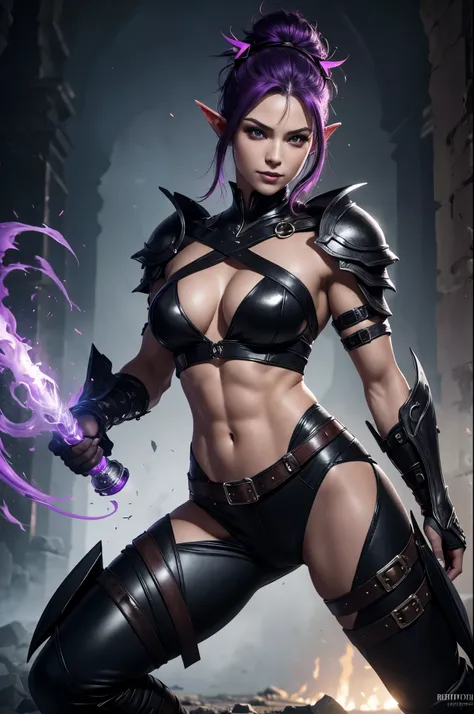 8K,sister of the queen of the underworld,Super beautiful(like the real thing),Fearless face,Sharp focus, purple mohawk hair,devil&#39;s horns,very delicate eyes and pupils,realistic skin,very fine hair,muscular body macho,Violent and strongly cracked abdom...