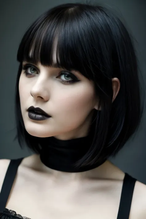 white woman, pretty woman, pretty face, delicate face, pale skin, black hair, gothic, gothic woman, pretty gothic woman, gothic makeup, short bangs, short bangs hair, gothic short bangs, long hair, long hair and short bangs, 18 years old, 18 years old woma...