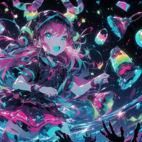 bioluminescent colors、６girl playing a series of castanets、raging castanets、chaos、tap、Dynamic energy、neon、cyber-、Synth is a wave、anime illustration