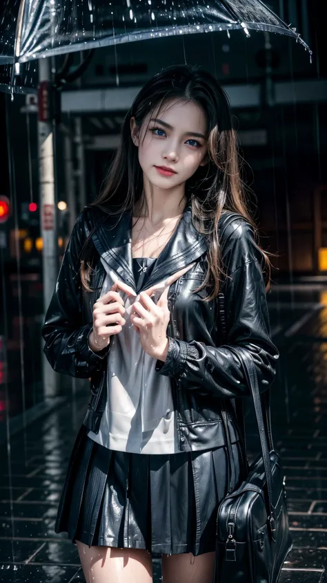 (RAW shooting, Photoreal:1.5, 8k, highest quality, masterpiece, ultra high resolution), perfect dynamic composition:1.2, street corner at night, look up at the sky:1.3, (((Typhoon heavy rain))), Highly detailed skin and facial textures:1.2, Slim high schoo...