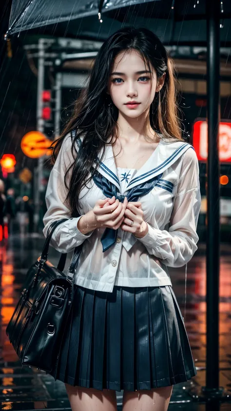 (RAW shooting, Photoreal:1.5, 8k, highest quality, masterpiece, ultra high resolution), perfect dynamic composition:1.2, street corner at night, look up at the sky:1.3, (((Typhoon heavy rain))), Highly detailed skin and facial textures:1.2, Slim high schoo...