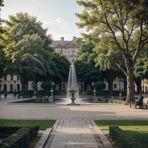 "Craft a scene of an expansive city square, featuring elaborate fountains and ornamental gardens, with benches invitingly empty and the only movement coming from the gentle sway of tree branches in the breeze, no humans"