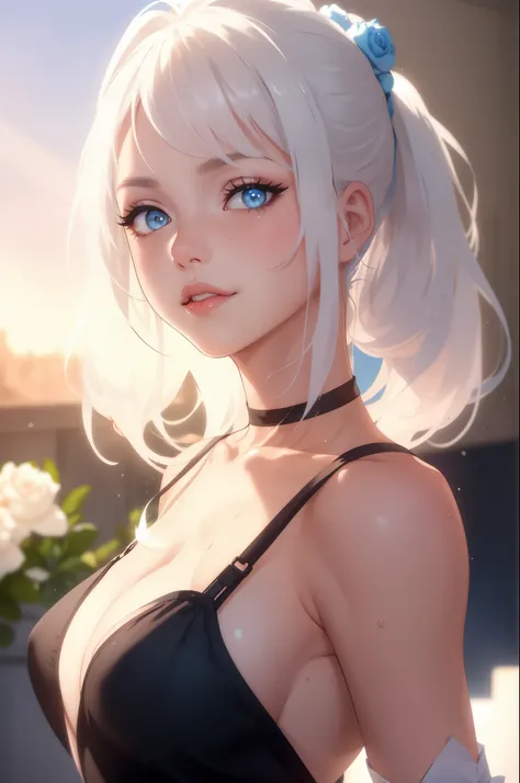 realistic, 1girl, ponytail, parted lips, blush, makeup, light smile, white hair, glow, thighs, (blue eye), (medium breasts), (perfect body), bare shoulders, wear black dress, collarbone, narrow waist, sunbeam, sunlight, rose, wind, cleavage, (masterpiece),...