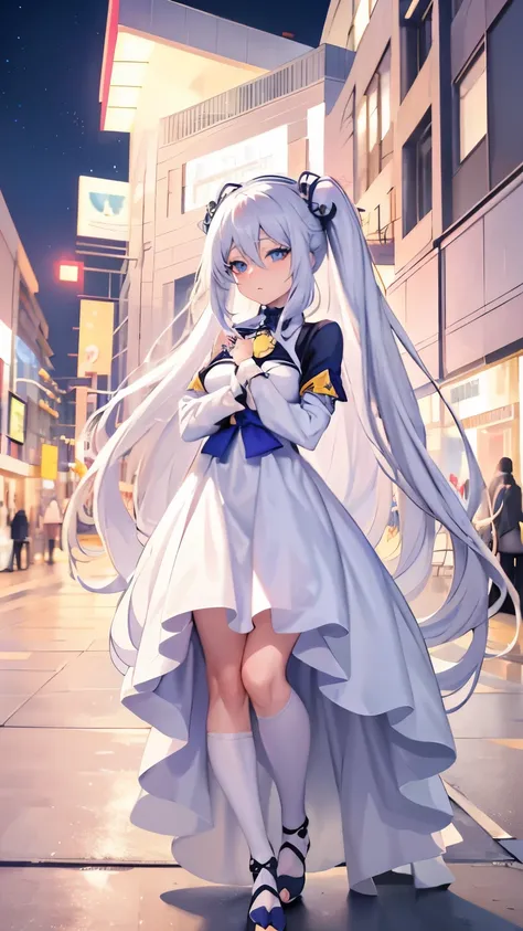 Anime girl with long white hair and blue eyes in the city, Anime visual of a cute girl, cute anime girl, beautiful anime girl, best anime 4k konachan wallpapers, anime style 4k, perfect white haired girl, an anime girl, night nucleus, young anime girl, bea...