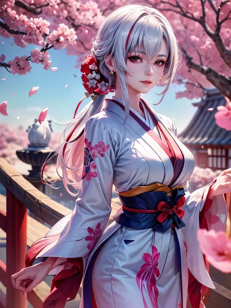 arlecchino wearing kimono, under a cherry blossom tree, with swift wind blowing her hair, show her full body, (best quality,4k,8k,highres,masterpiece:1.2),ultra-detailed,(realistic,photorealistic,photo-realistic:1.37),traditional Japanese illustration, vib...