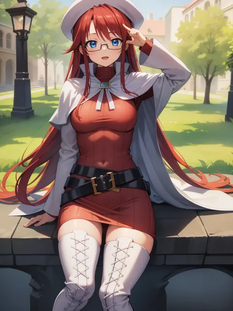 summonnightaty, aty, long hair, blue eyes, red hair, beret, hat, glasses,
BREAK long hair, thighhighs, hat, dress, boots, glasses, belt, cape, sweater, zettai ryouiki, beret, thigh boots, white footwear, ribbed sweater, loose belt,solo,
BREAK outdoors, fan...