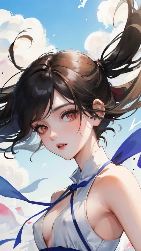 young girl　black hair　short hair　red eyes　irreverent face　look down　thin body　thin thighs　small breasts　small ass　toned body　blue sky　cloud　hair blowing in the wind　high quality　High resolution　8K　vampire　watercolor　natural feel　bridge of nose　martial arts...