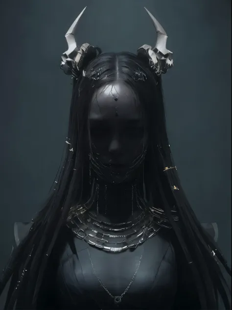 a close up of a woman with horns and a skull headpiece, cinematic goddess close shot, portrait of a dark goddess, dark goddess with six arms, dark futuristic, dark fantasy character design, trending in cgsociety, unreal engine render + a goddess, award win...