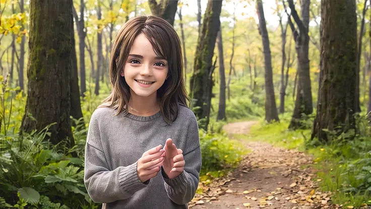 A girl in a dark grey sweater, on a dark forest path in the evening, facing the viewer, smiling, waving one hand greeting the viewer, cute, small, emwts, ponytail, short grey socks and brown trecking boots