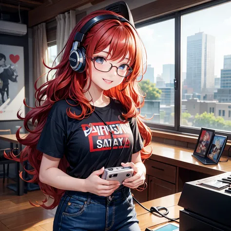 Haiyi, text2picture, 11:21:31, masterpiece, best quality),1 16 year old boy, red wavy hair, round glasses, curls, smiling, Black T-shirt, wide mouth jeans, hands on waist, Headphones in ears, warm light, Blurred foreground, Pose for selfies.  