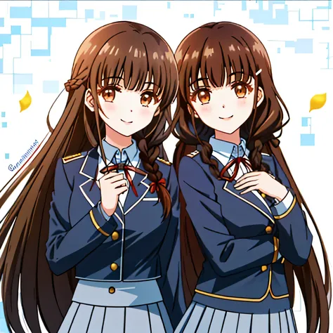highest quality, (masterpiece:1.2), very detailed, One girl looks at the viewer and smiles, Glossy lips that make you want to kiss, nice smile, brown eyes, (((dark brown hair))), 15 years old, long braids, big shiny hair clip, school uniform, Luxurious bla...