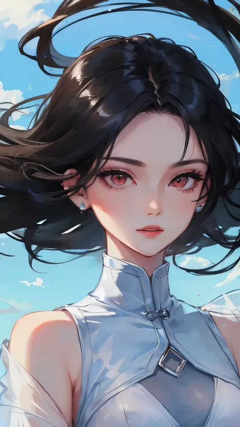 young girl　black hair　short hair　red eyes　irreverent face　look down　thin body　thin thighs　small breasts　small ass　toned body　blue sky　cloud　hair blowing in the wind　high quality　High resolution　8K　vampire　watercolor　natural feel　bridge of nose　martial arts...