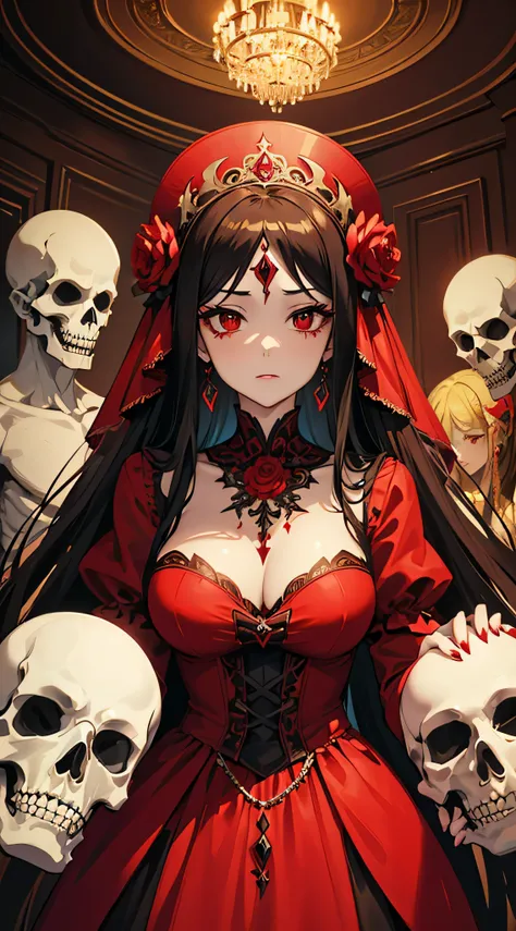 a close up of a woman in a red dress with masks hanging from a ceiling, ornate cosplay, ornate mask and fabrics, eerie art style, beautiful elegant demon queen, rococo cyberpunk, gothic maiden shaman, goddess of death, intricate costume design, anime chara...