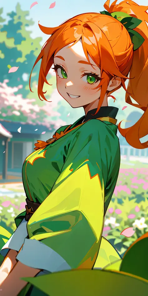 １girl、orange hair、shining green eyes、side ponytail、green peasant tunic、upper body close-up、the scenery in the background is a ga...