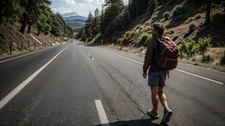 imagem ultra-realista de 8k de um mochileiro de 40 anos andando na beira de uma estrada, fotografia de alta qualidade, obra de arte