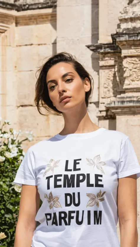 Une magnifique femme métisse avec un t-shirt écrit « le temple du parfum »