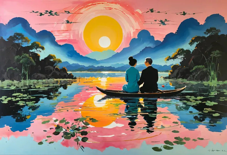 Creating a symmetrical, Wu Guanzhong inspired painting of a beloved couple, found in deep intimacy, reflected in the still waters between them as the sun sets.